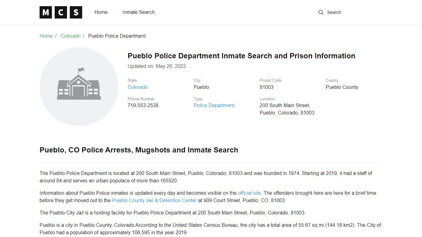 Pueblo Police Department Inmate Search and Prison Information